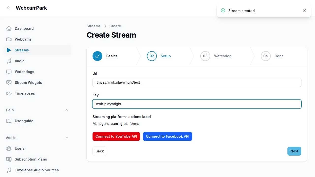 Create stream – Step 2 (Watchdog)
