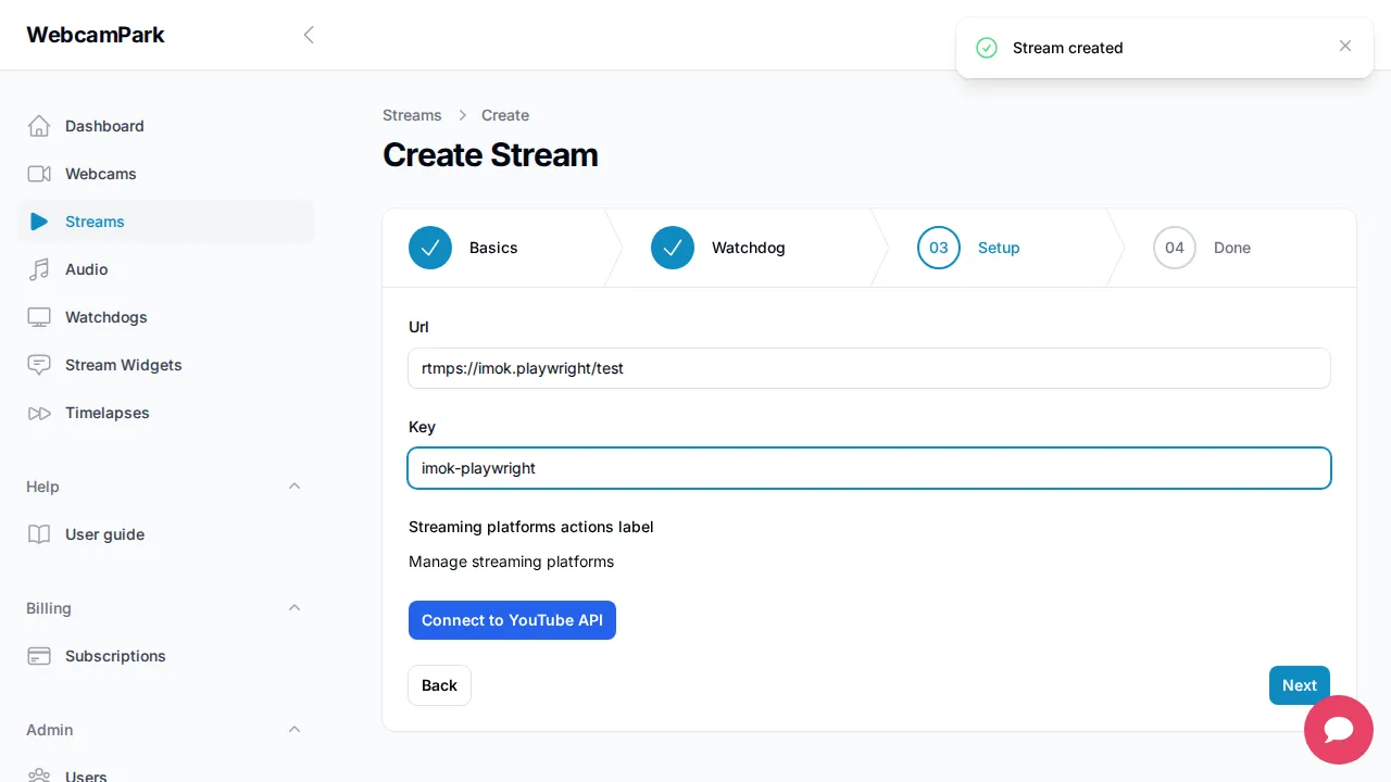 Create stream – Step 3 (Setup)