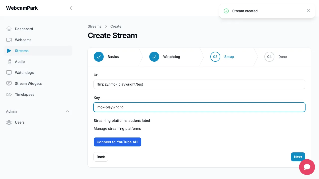 Create stream – Step 3 (Setup)