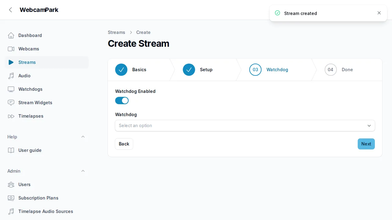 Create stream – Step 3 (Setup)