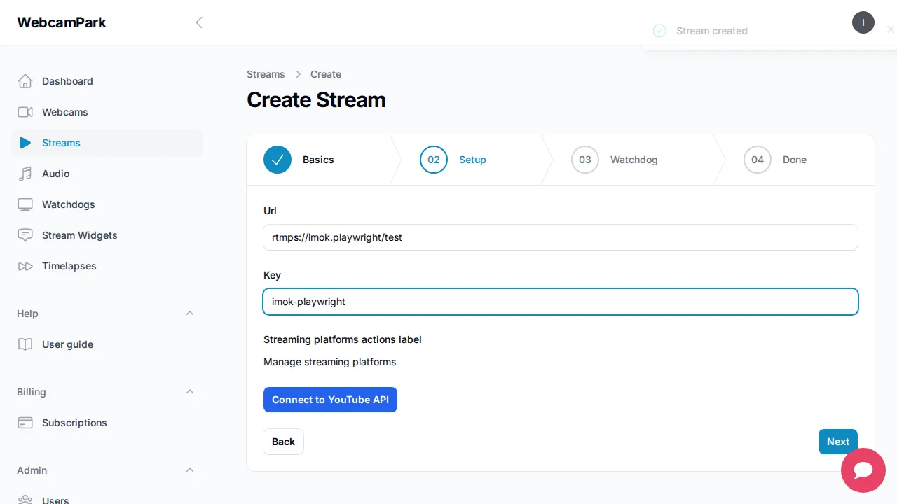Create stream – Step 3 (Setup)