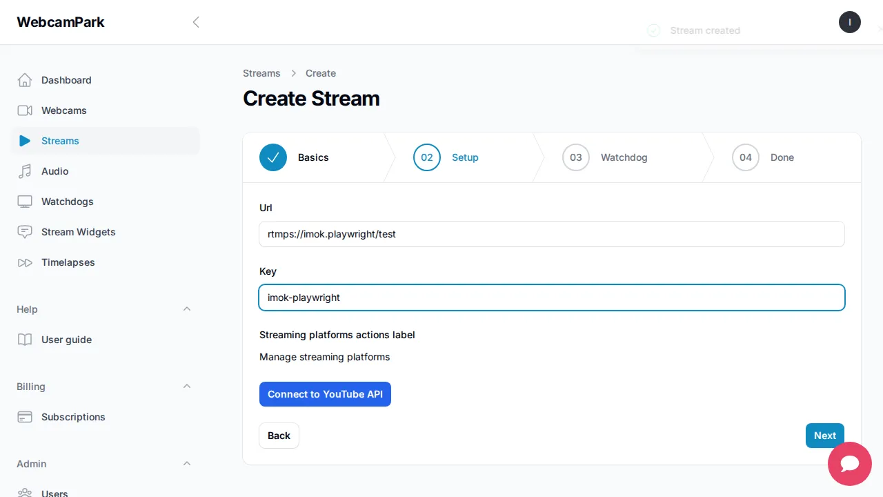 Create stream – Step 3 (Setup)