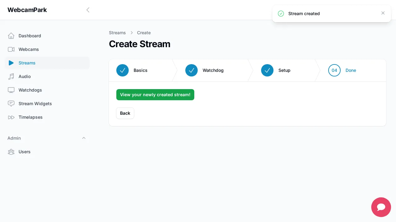 Create stream – Step 4 (Done)