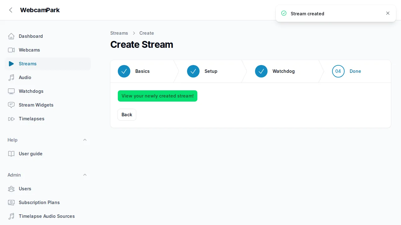 Create stream – Step 4 (Done)