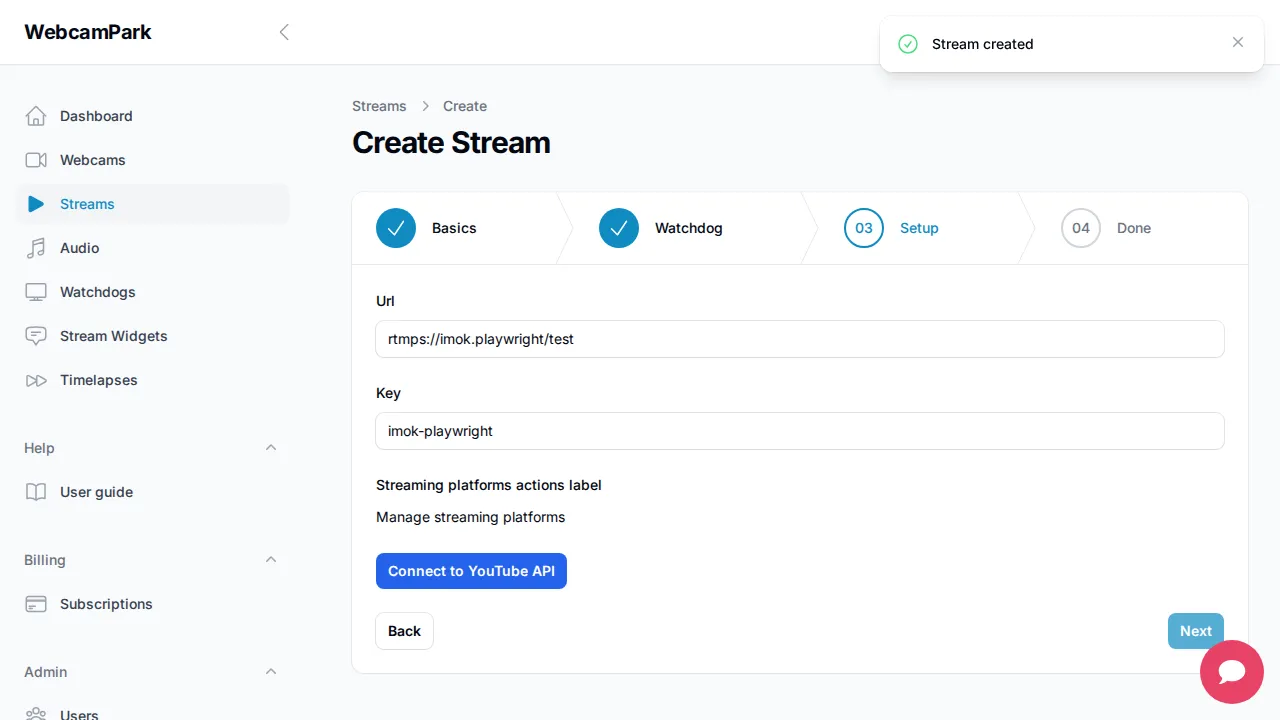 Create stream – Step 4 (Done)